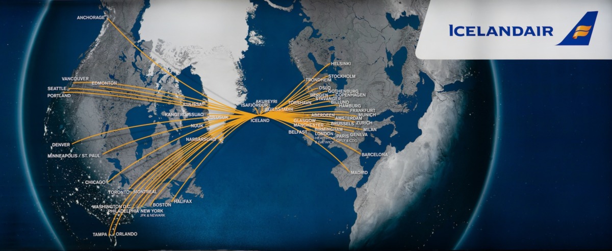 A destination map covering all Icelandair destinations in Europa and North America