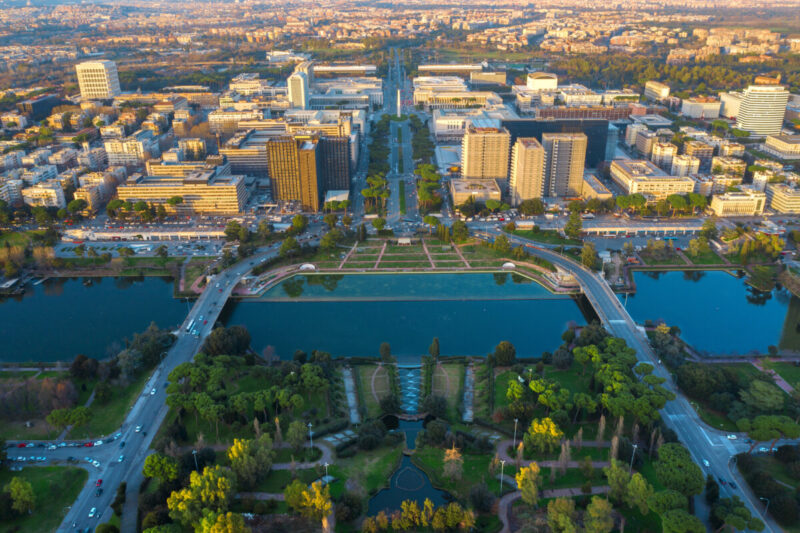 Aerial view of Rome's modern EUR district.