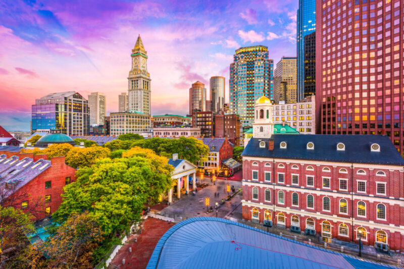 Sunset view and buildings in Downtown Boston, Massachusetts