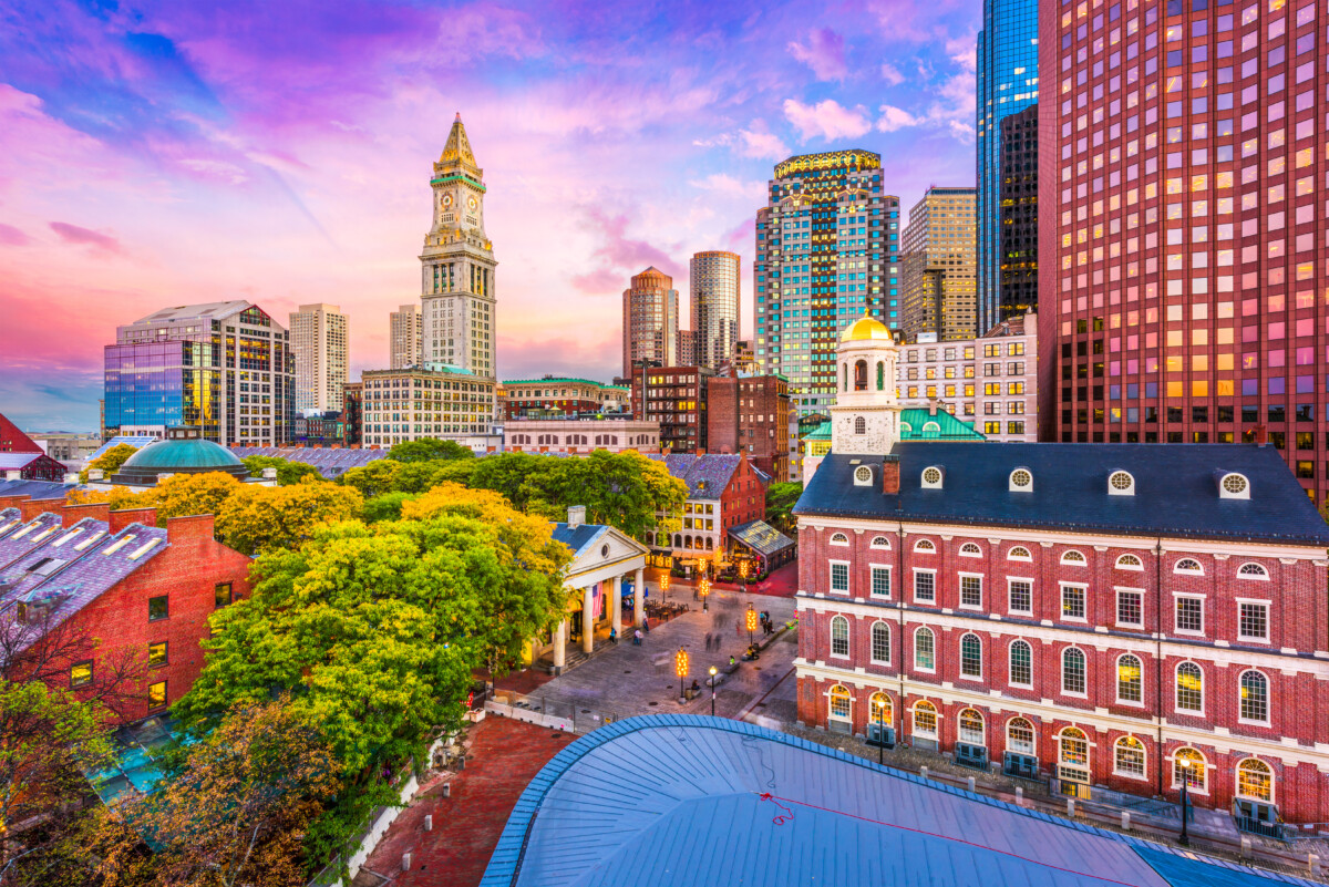 Sunset view and buildings in Downtown Boston, Massachusetts