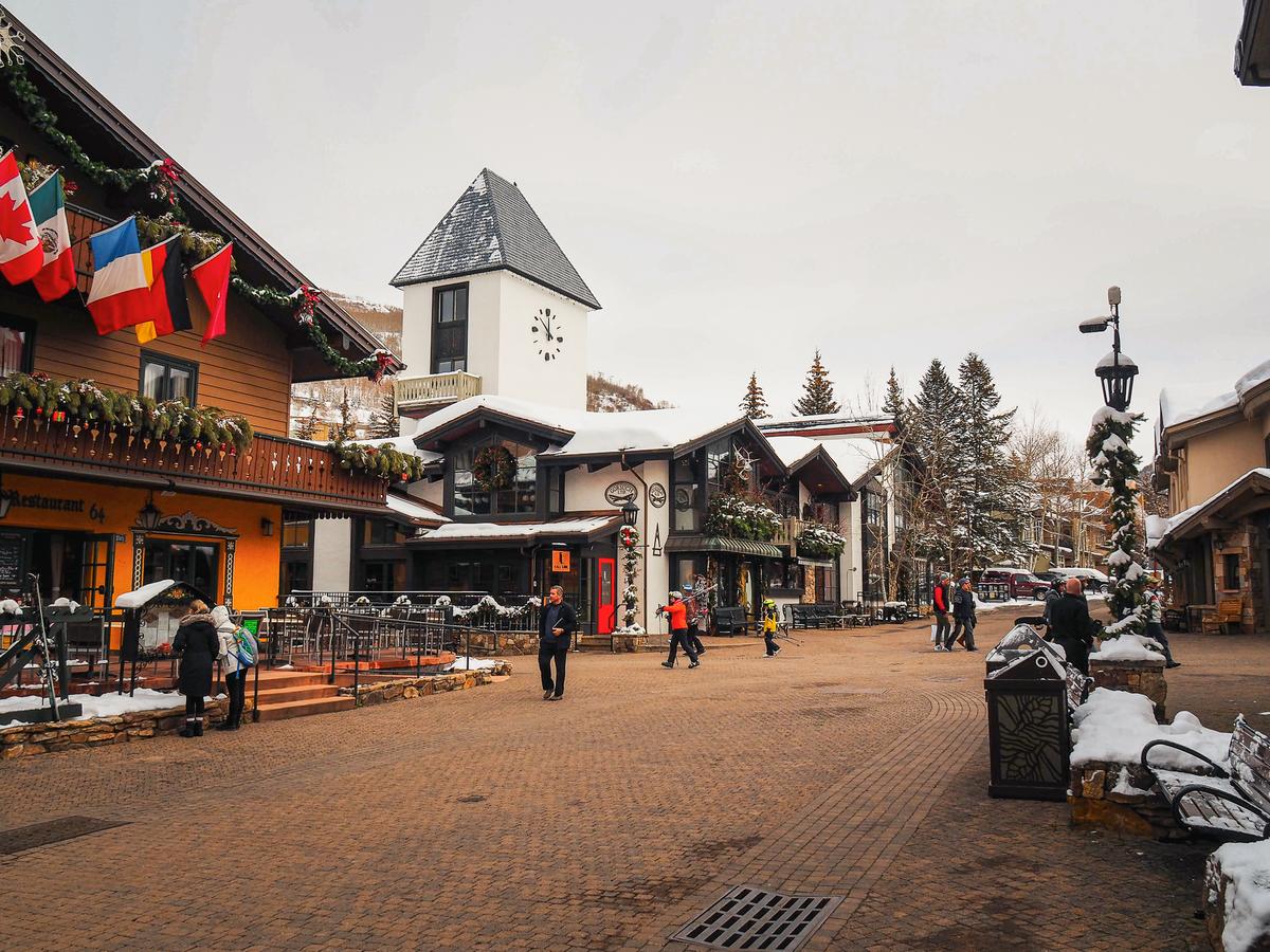 Downtown Vail Colorado winter scene with festive decorations and European-inspired architecture
