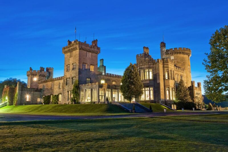 The exterior of Dromoland Castle in Ireland at sundown