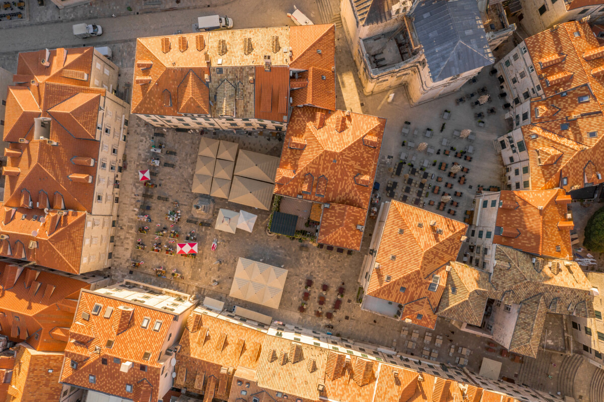 Aerial view of Dubrovnik Gundulić Square Market and Dubrovnink old town architectures