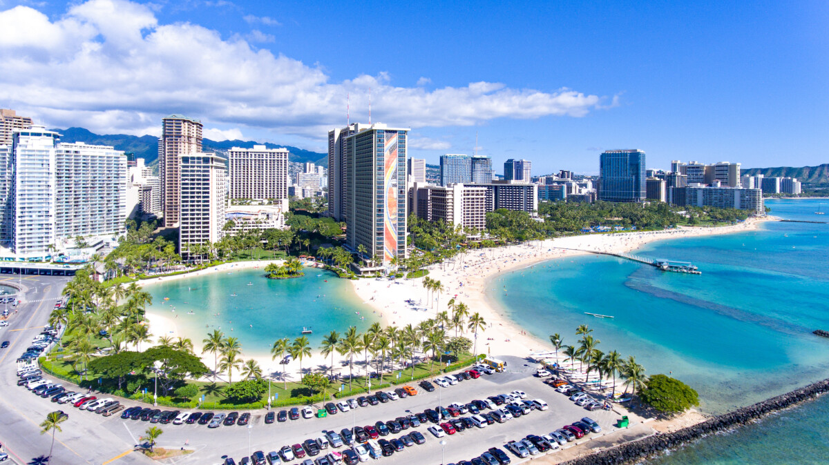 Aerial view Waikiki Beach in Honolulu with Duke Kahanamoku Lagoon on Oahu, Hawaii