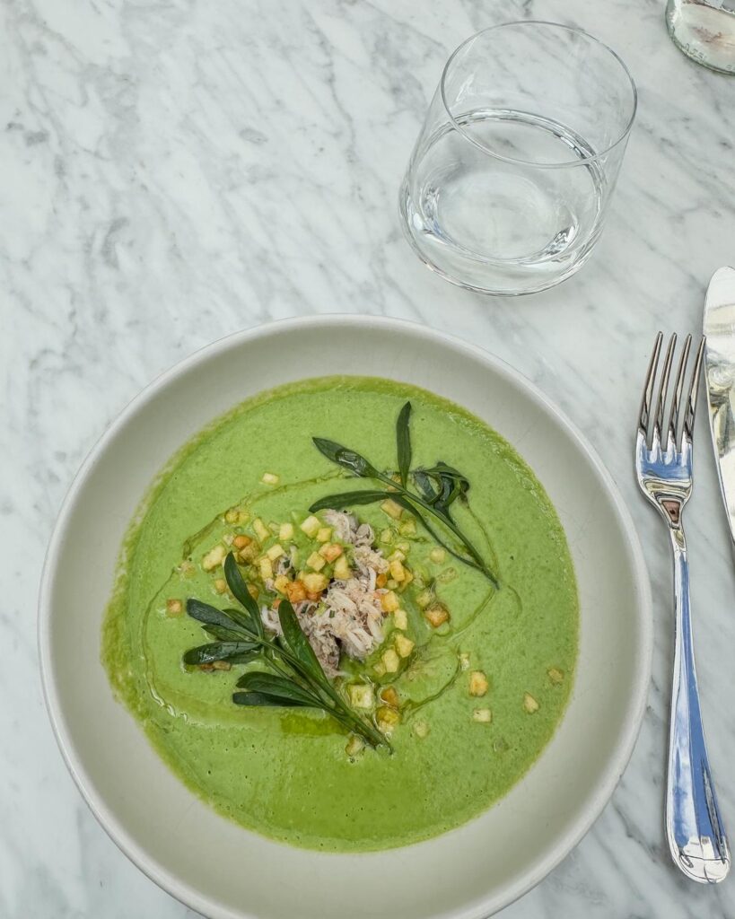 Dutch Pea Soup 'Snert' with shredded chicken and vegetables, served at Pulitzer Garden, Amsterdam.
