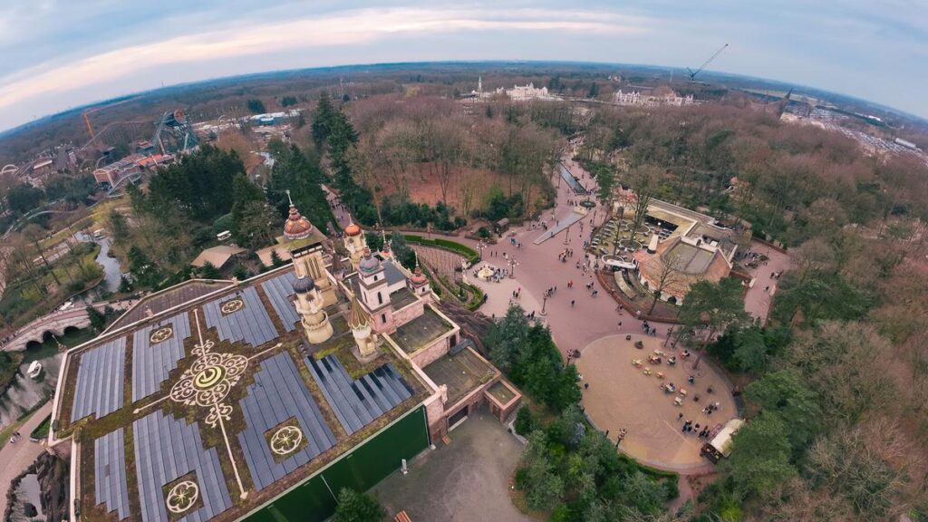 Efteling Theme Park aerial view from Pagode ride, showcasing enchanting beauty and atmosphere.