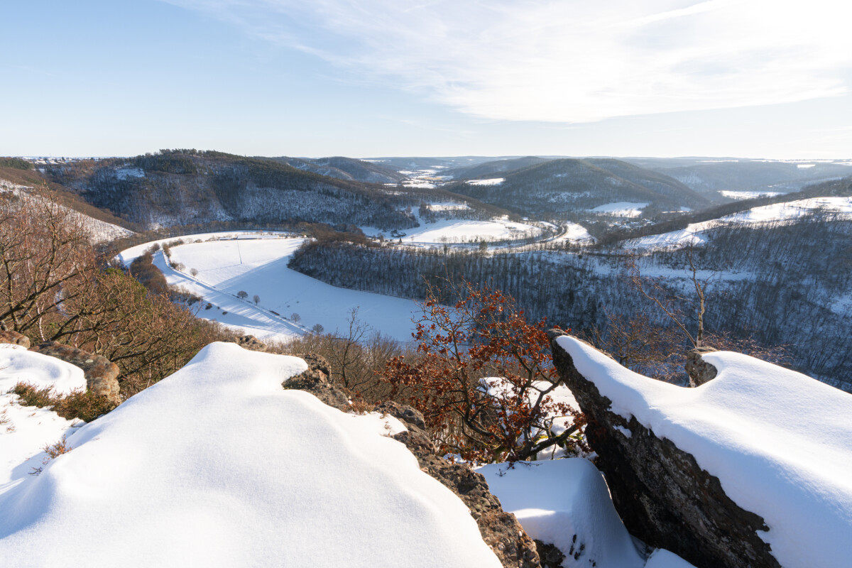 Wooded hills and open grassland in Eifel National Park