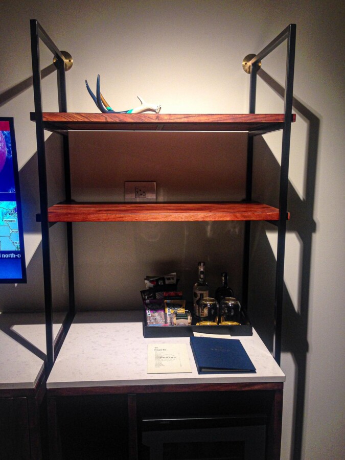 Modern desk and mini bar in elegant hotel room at The Hewing Hotel, Minneapolis