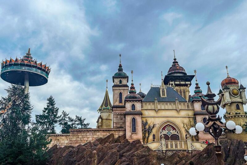 Enchanting fairytale architecture and Pagode ride at Efteling theme park, Netherlands