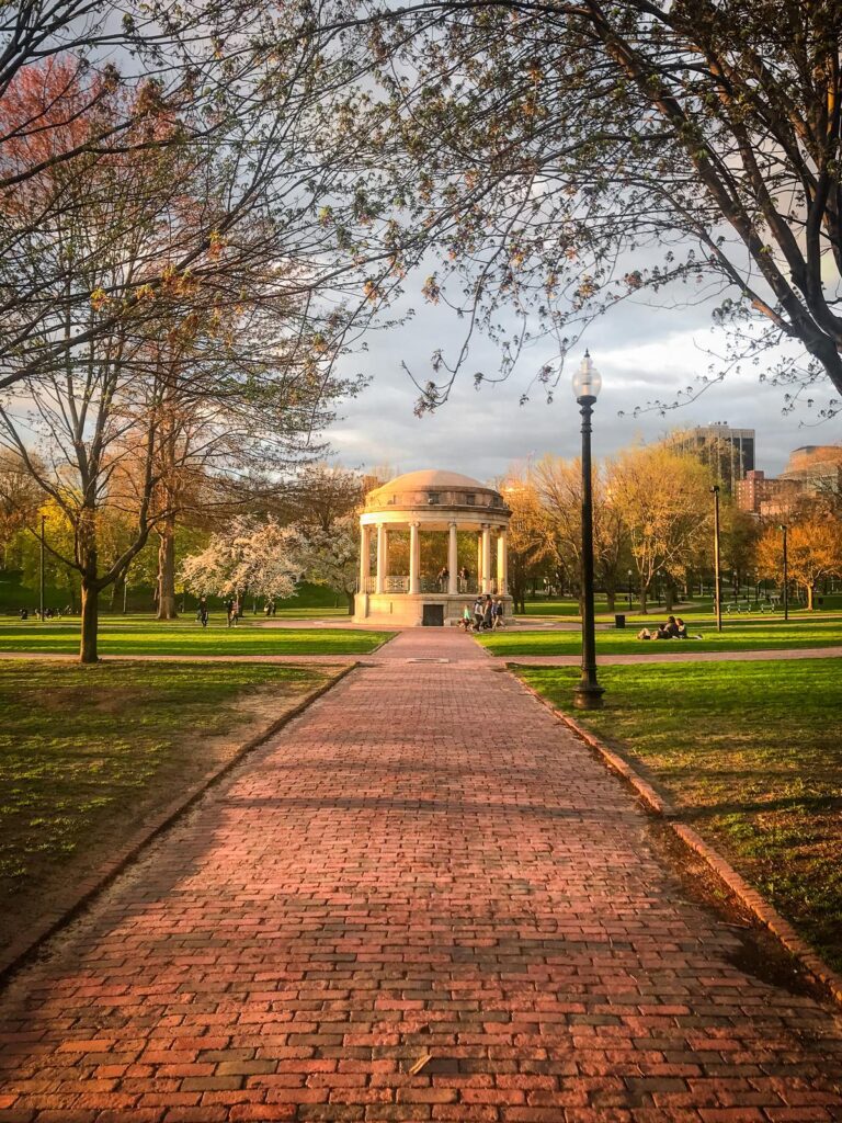 Enchanting sunset at Boston Common with historic parkland pavilion - sRGB color space, coordinates (42.353778, -71.065619)
