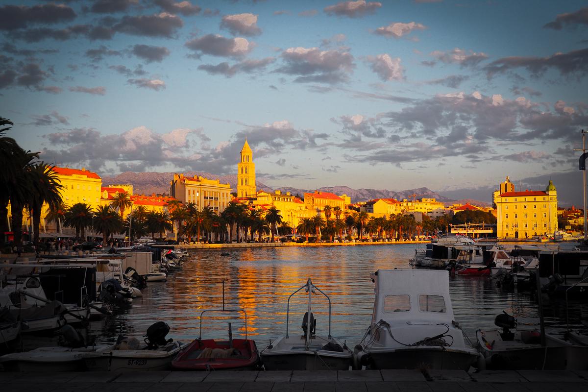 Golden sunset over Split Harbor and Riva Promenade, Croatia