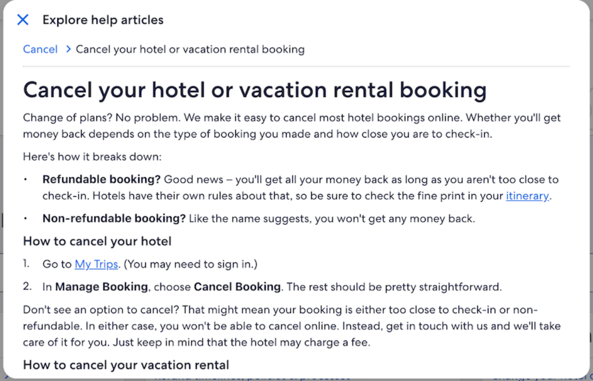 Expedia itinerary screen showing options for managing or canceling a booking