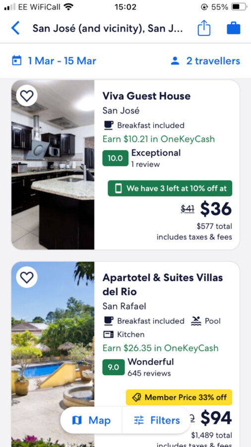 Expedia hotel search results with nightly prices, guest ratings, and property filters