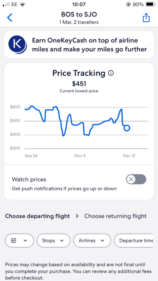 Expedia mobile flight price tracker showing fare history and price alerts