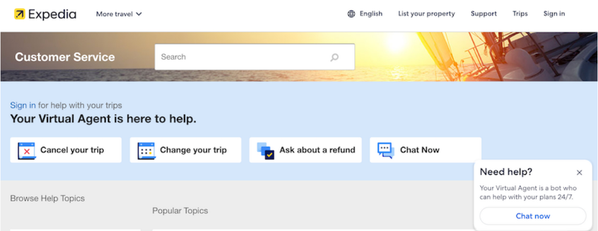 Expedia Help Center virtual agent used to manage an existing trip