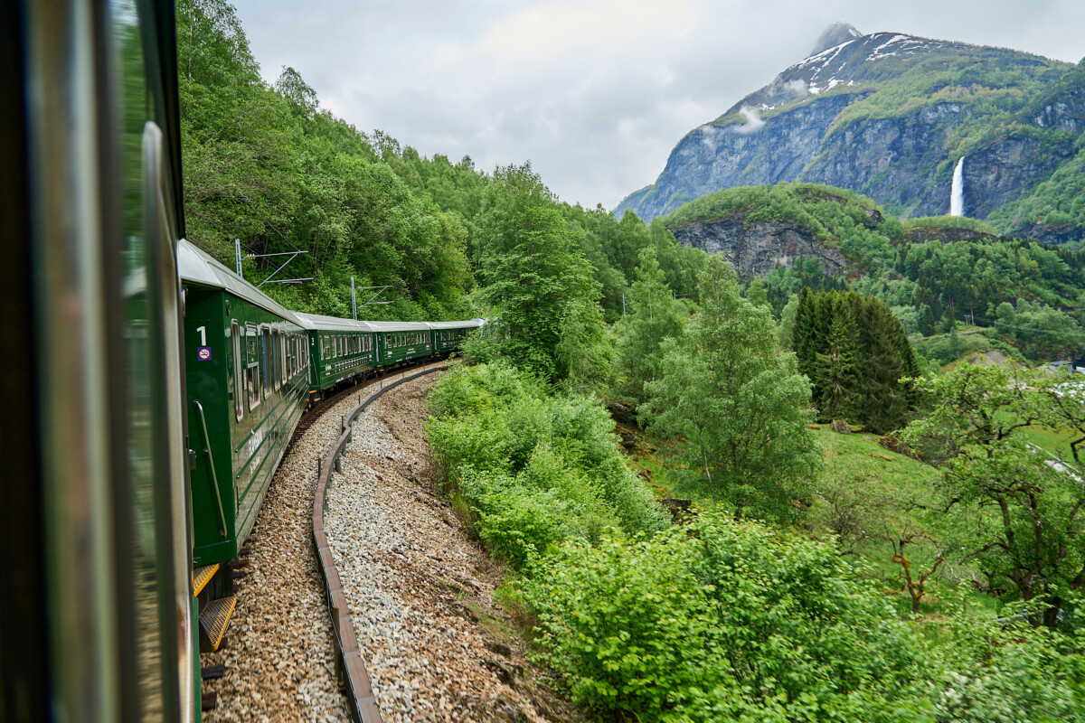 Flåm Line train railway traveling between Flam and Myrdal in Norway