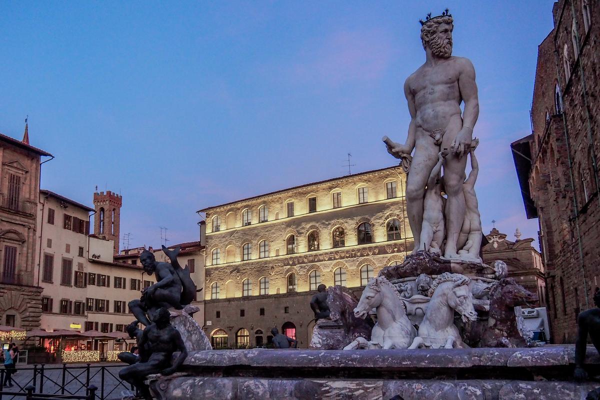 Renaissance sculpture at twilight in Florence's Piazza della Signoria