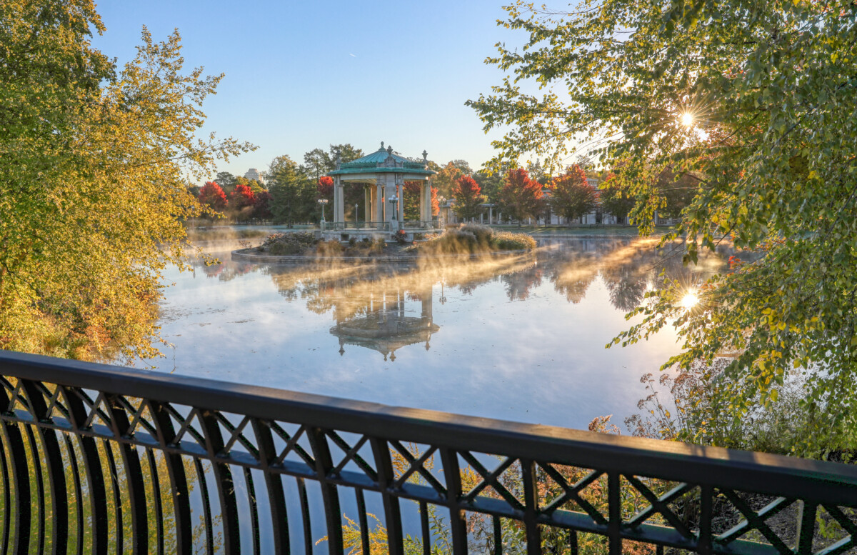 Bandstand by the lake and sunrise view of Forest Park in St Louis, Missouri