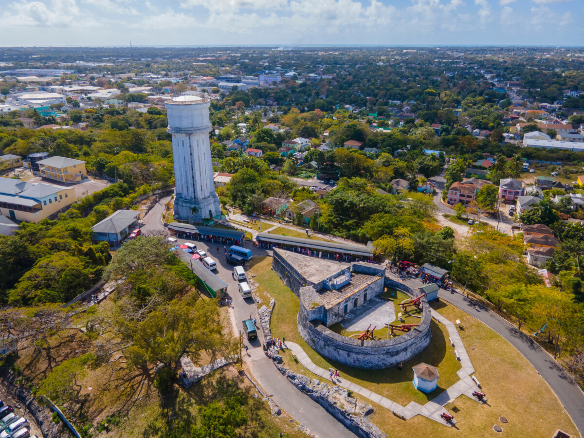 Aerial view of Fort Fincastle and the Water Tower above downtown Nassau