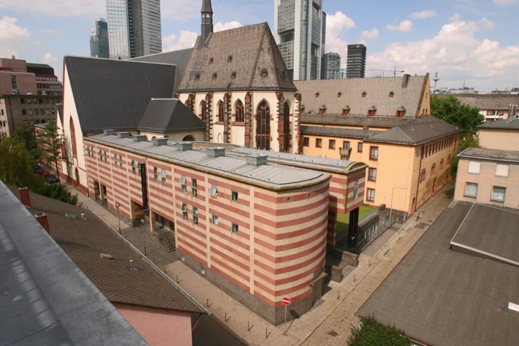 Aerial view of the Frankfurt Archaeological Museum in Frankfurt, Germany