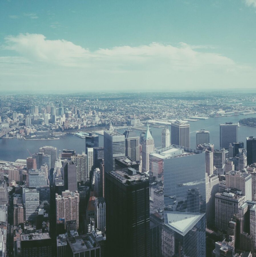 Aerial view of Manhattan skyline and Hudson River from Freedom Tower