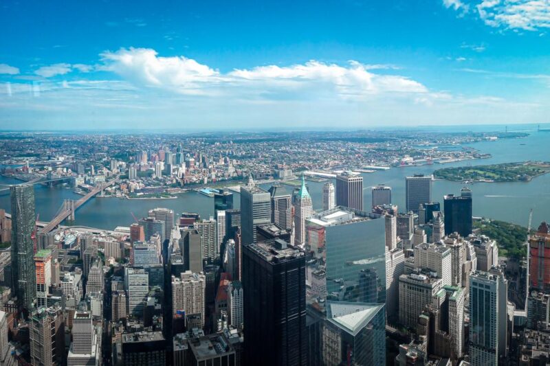 Aerial view of NYC skyline from Freedom Tower