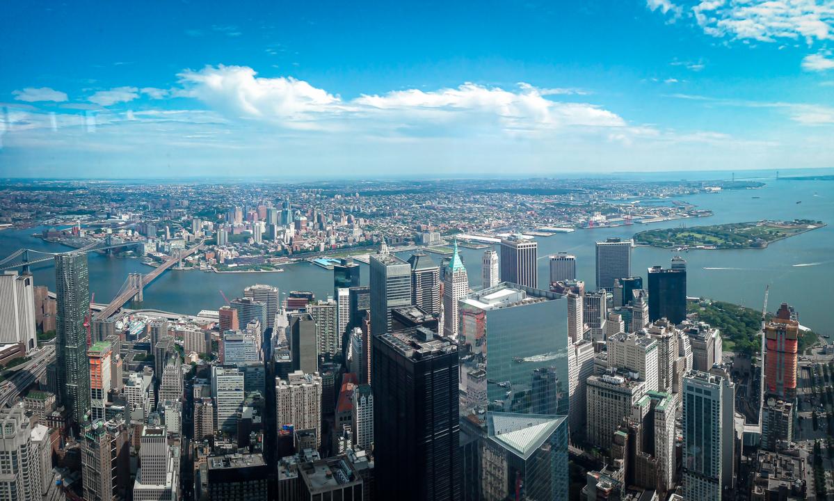 Aerial view of NYC skyline from Freedom Tower