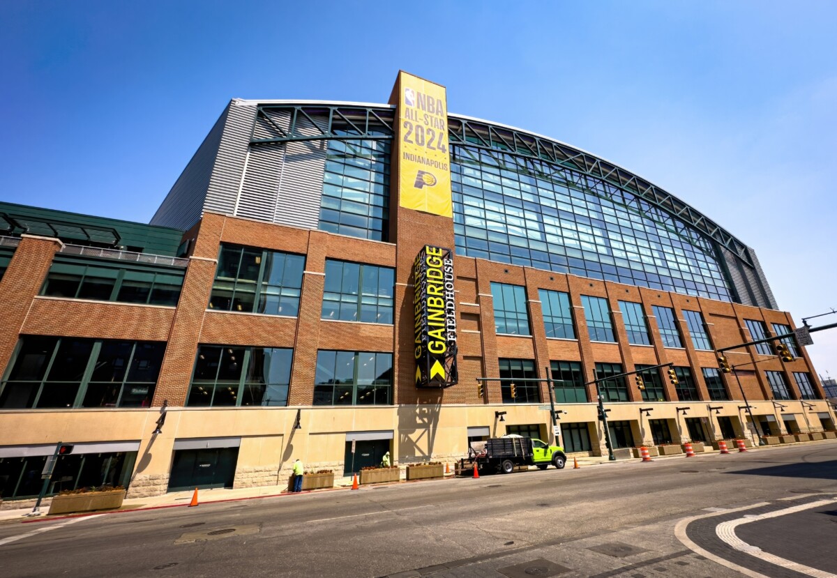 Building exterior of the Gainbridge Fieldhouse in downtown Indianapolis