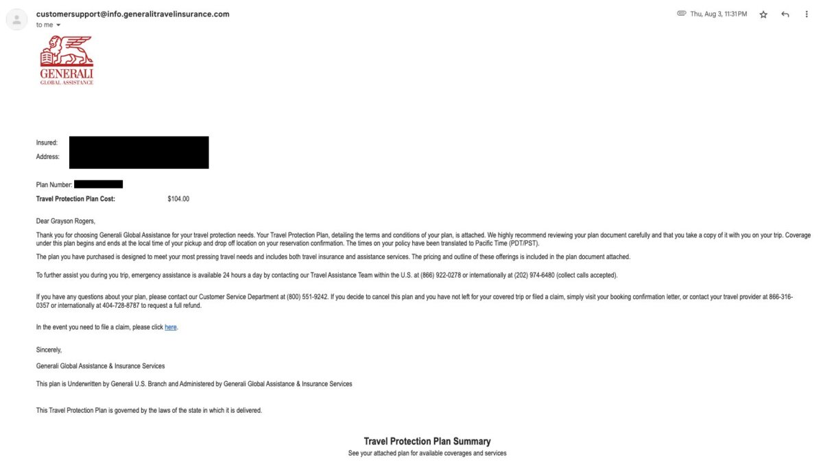 screenshot of rental car travel insurance through Generali Global Assistance