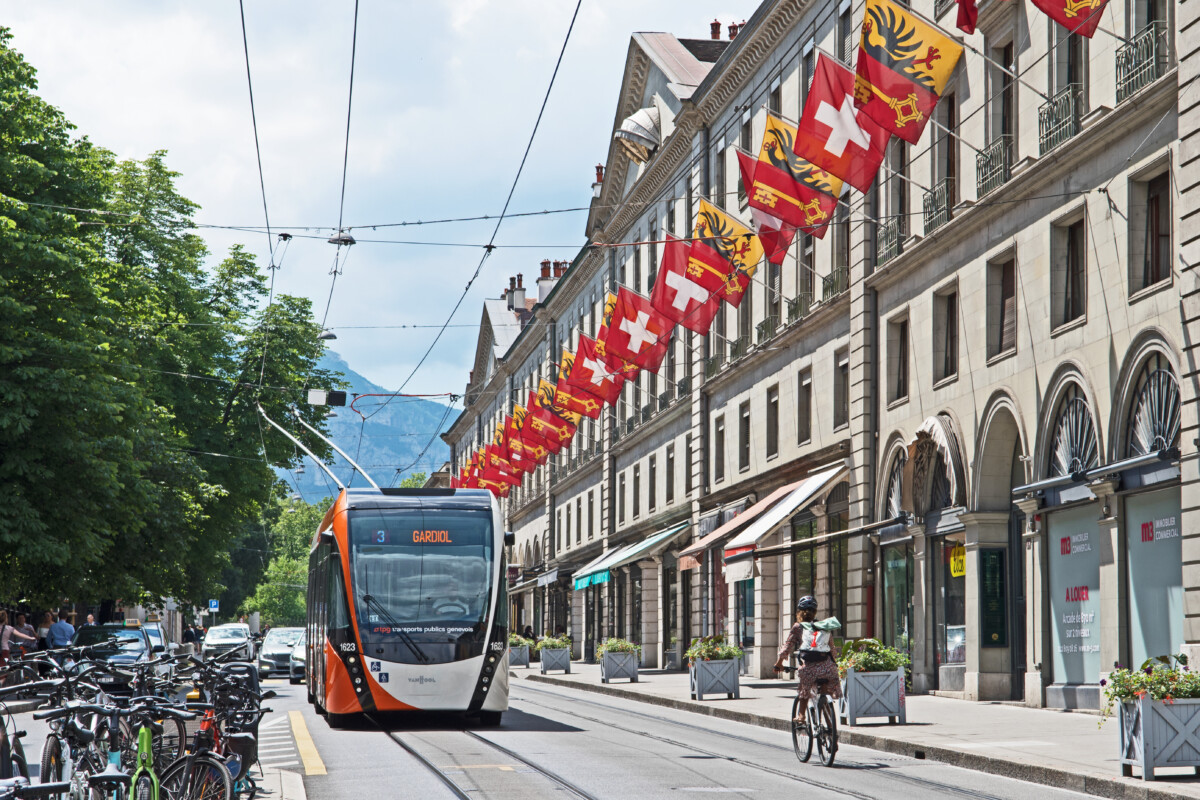 Trolly bus passing through the rue de la Corraterie in Geneva, Switzerland
