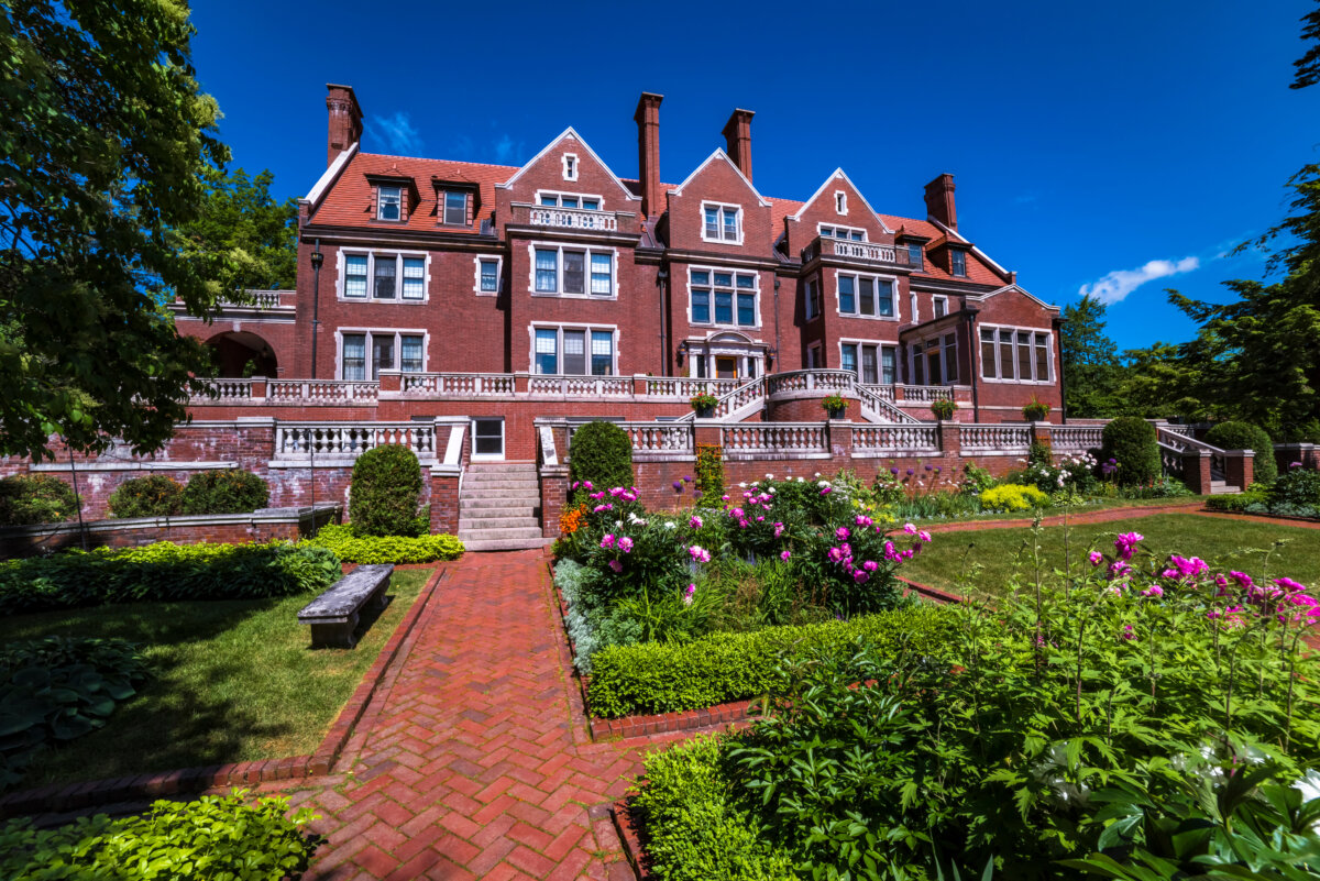 The famous Glensheen Mansion and its summer garden display.