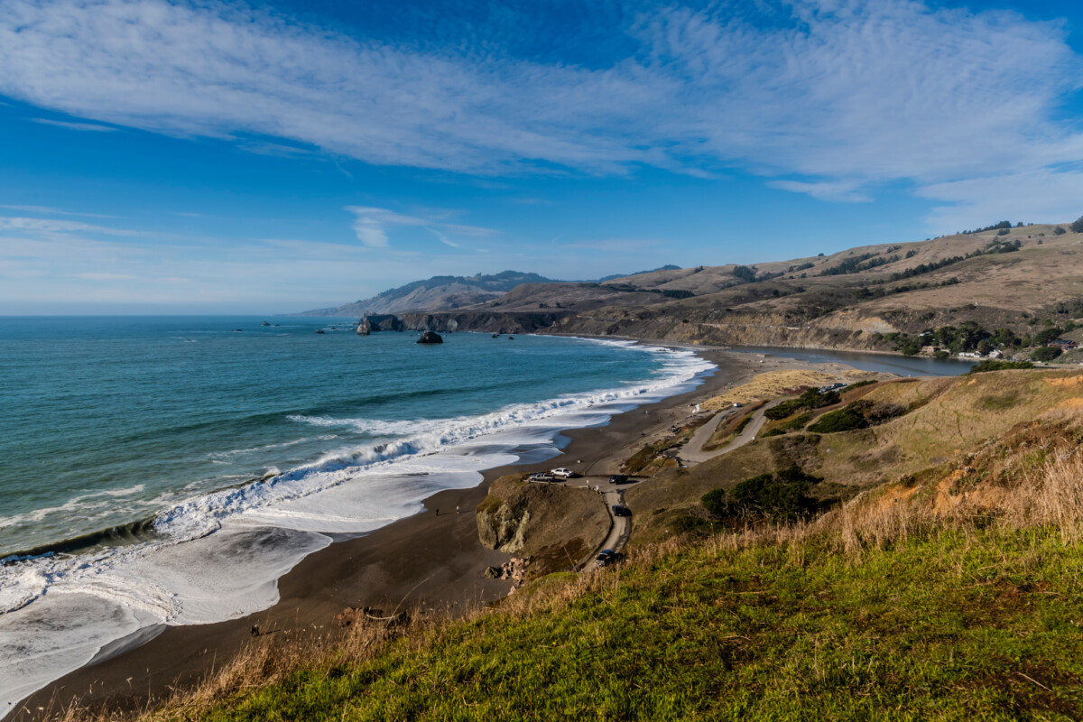 Panoramic view of Goat Rock Beach ocean and skyline  in California
