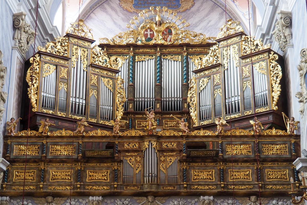Interior of Göttweig Abbey Cathedral organ, Austrian baroque architecture, cultural travel destination