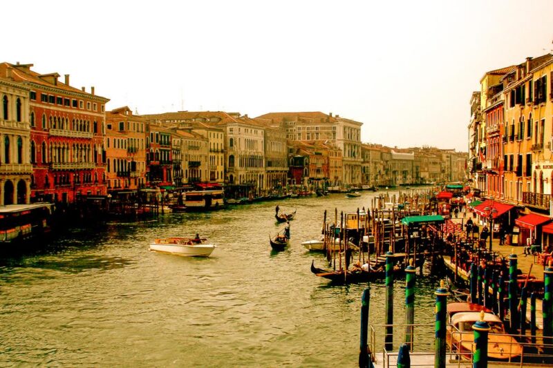 Grand Canal Venice, Italy: Gondolas, historic architecture on iconic waterways.