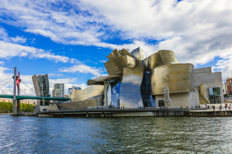 Exterior and Postmodern architecture of the Guggenheim Museum Bilbao in Bilbao, Spain