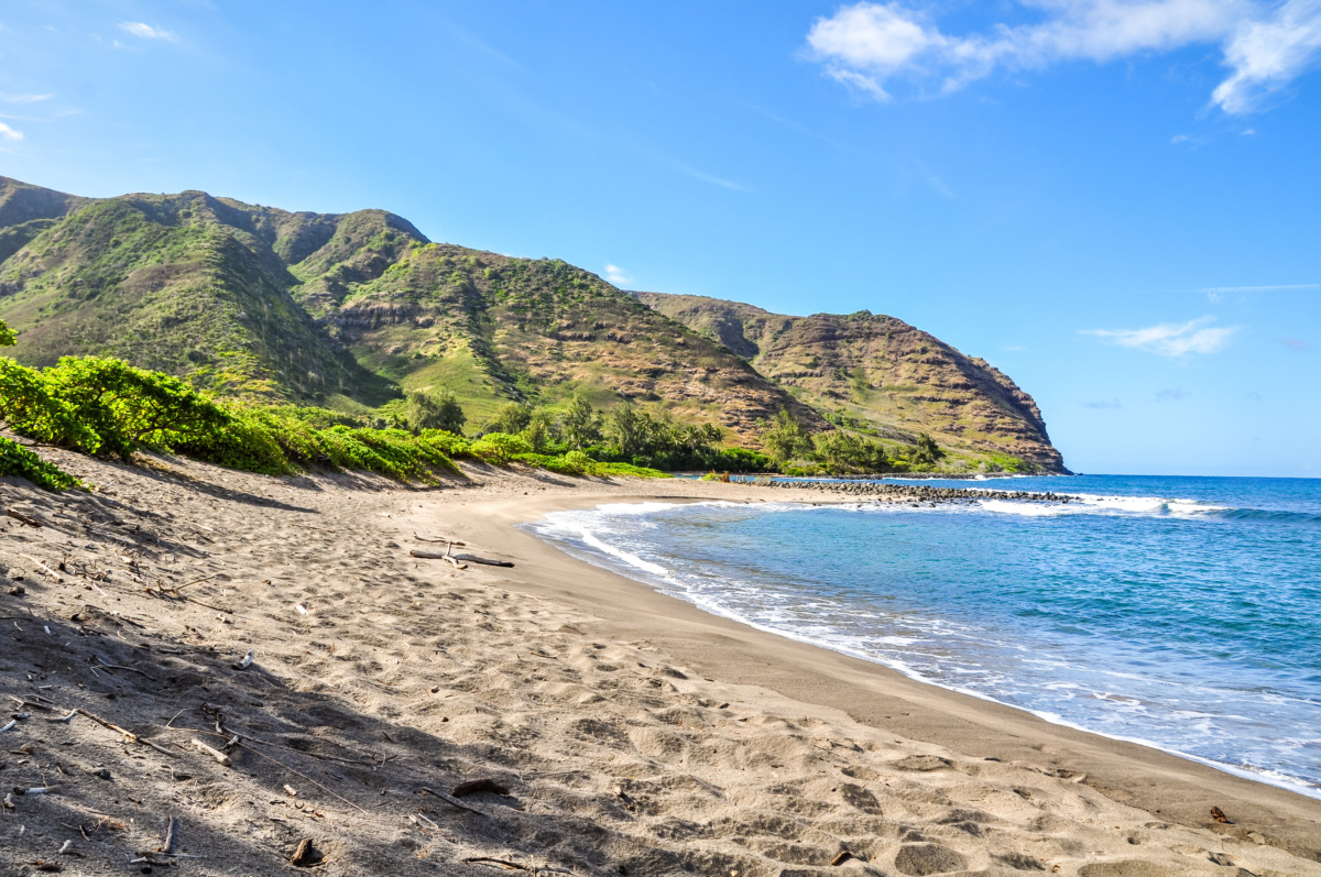 Ocean and skyline view of Halawa Bay in Molokai, Hawaii