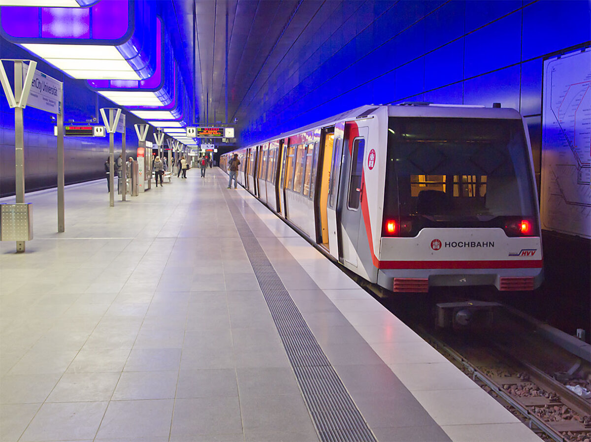 Hamburg landmark: Hochbahn train at HafenCity Universität metro station.
