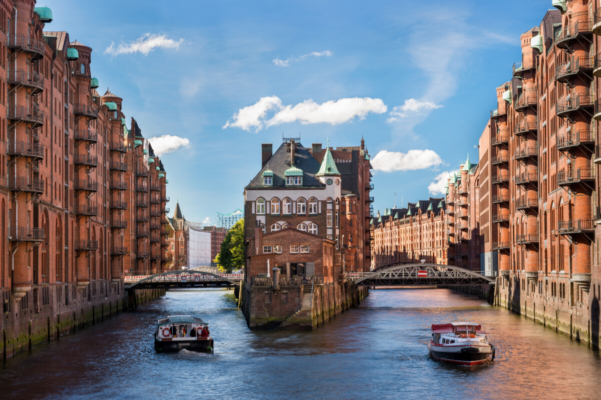 Hamburg landmark Wasserschloss in Speicherstadt canals, one of the top landmarks in Hamburg.