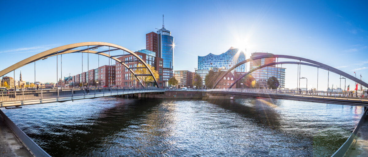 Hamburg landmarks and monuments, including Elbphilharmonie and waterfront bridges.