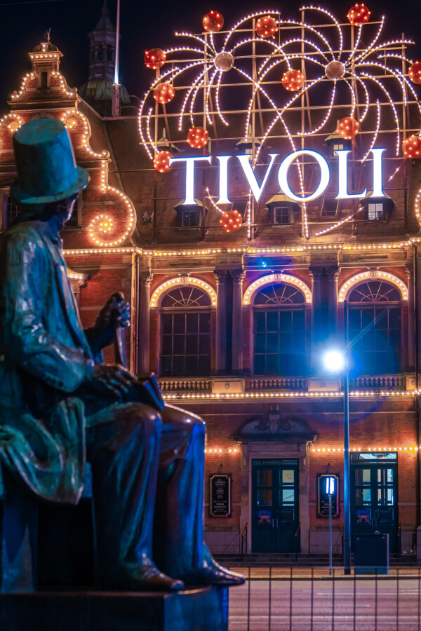 Hans Christian Andersen statue and Tivoli building facade, built