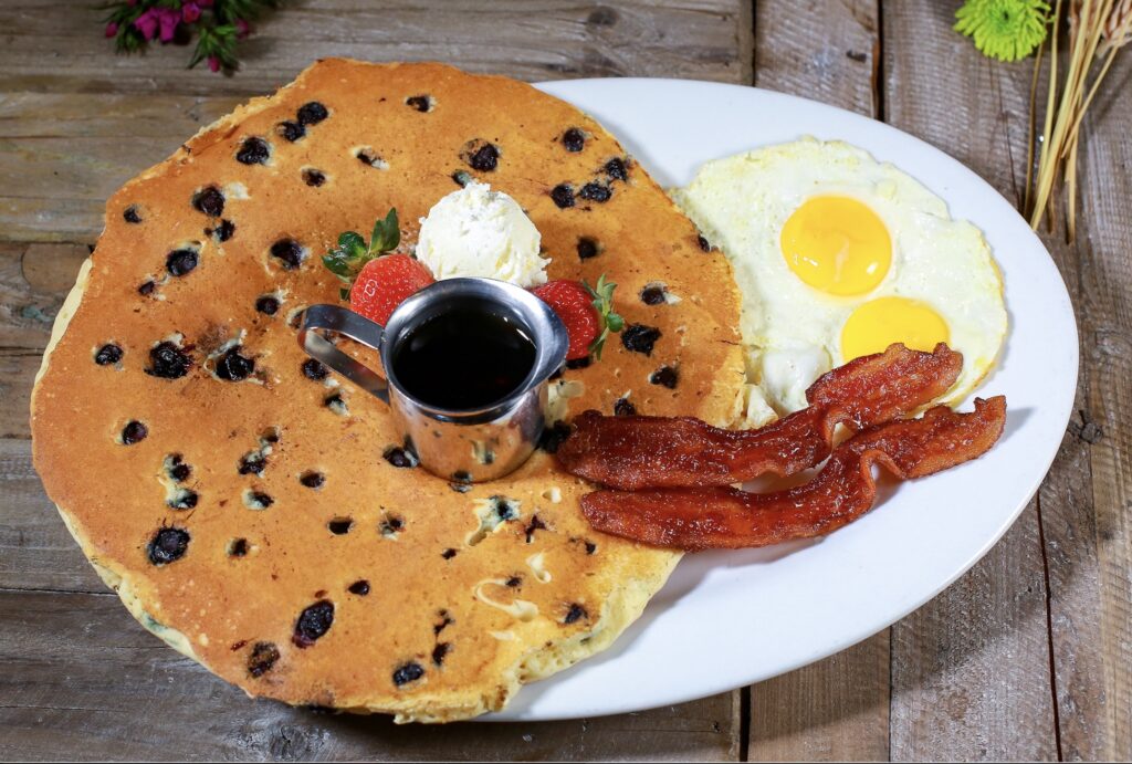 Pancake, egg, and bacons served at Hash House A Go Go at The LINQ