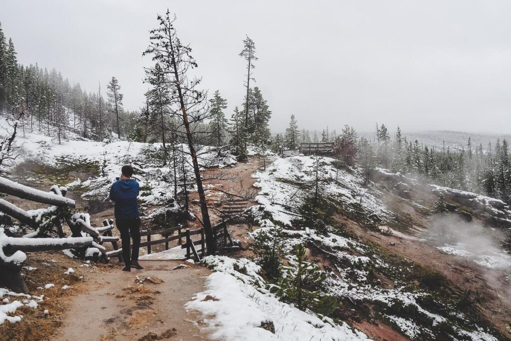 A hiker in a blue jacket observes steaming geothermal features along a snowy trail at Artist Paintpots, Yellowstone, surrounded by a wintry forest landscape.