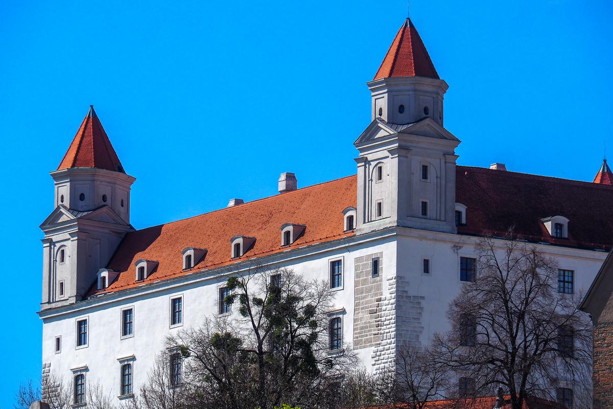 Historic Bratislava Castle overlooking the Danube River, scenic landmark in Slovakia