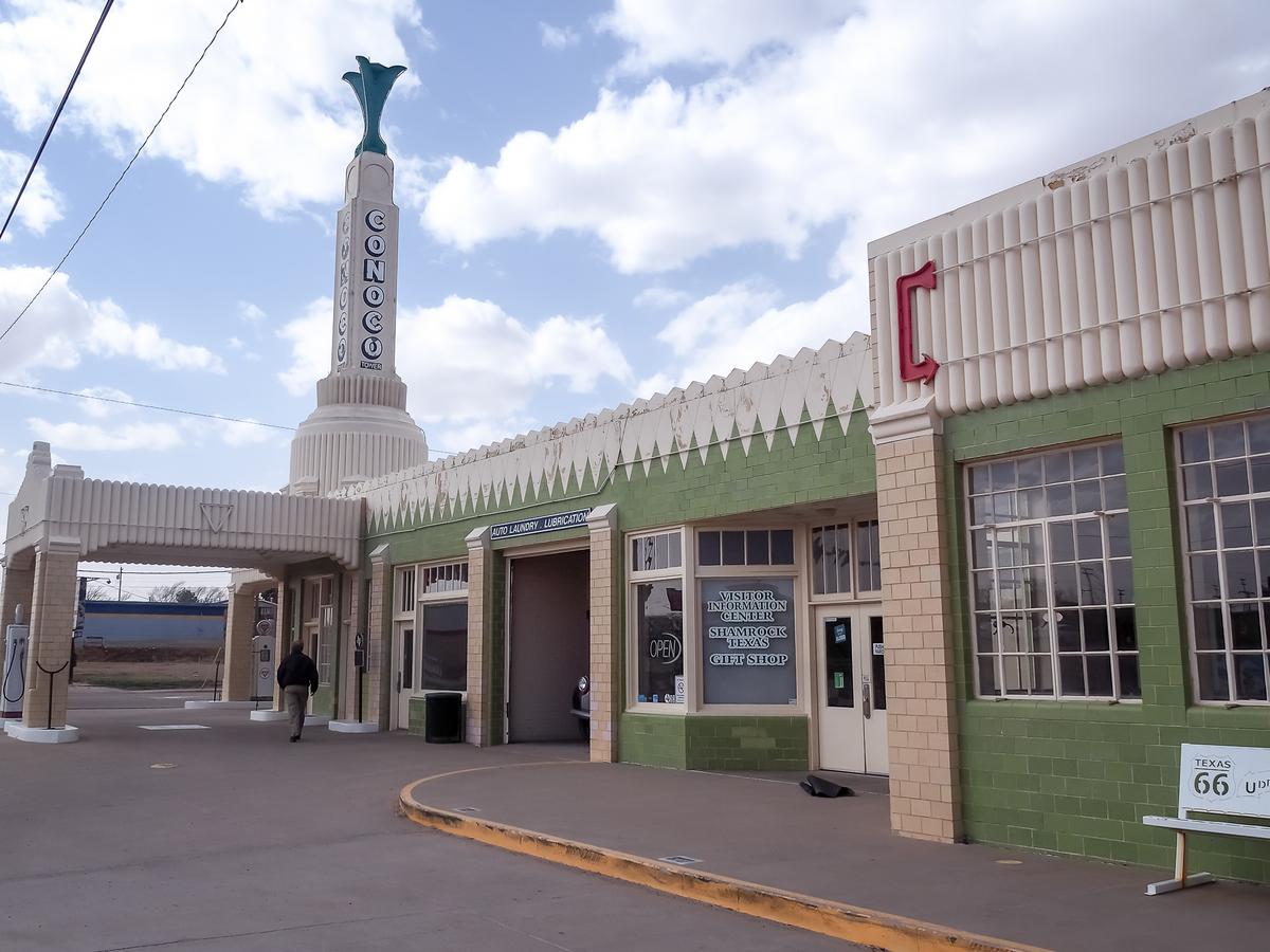 Historic Conoco Tower Gas Station in Shamrock, Texas on Route 66 with Art Deco architecture
