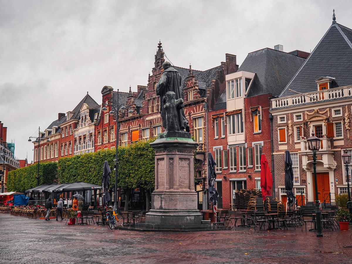 Historic Grote Markt in Haarlem, Netherlands on a Rainy Day