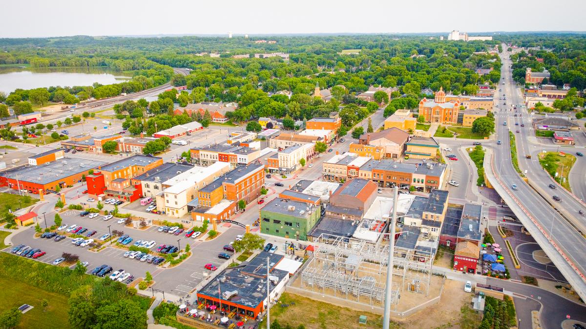 Aerial view of historic downtown Hastings, Minnesota, charming architecture, vibrant streetscape