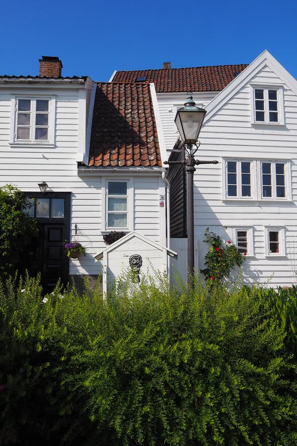 Historic white wooden homes in Gamle Stavanger, Norway, surrounded by lush greenery and traditional architecture