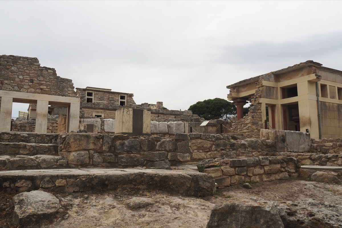 Ancient ruins of the Palace of Knossos in Crete, Greece, featuring Minoan architecture