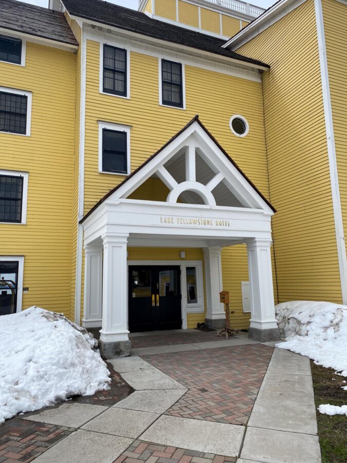 Yellowstone Lake Hotel entrance, historic colonial architecture in Yellowstone National Park