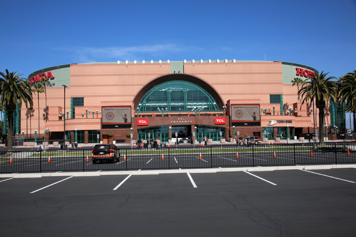 Front and building exterior of Honda Center in Anaheim, California